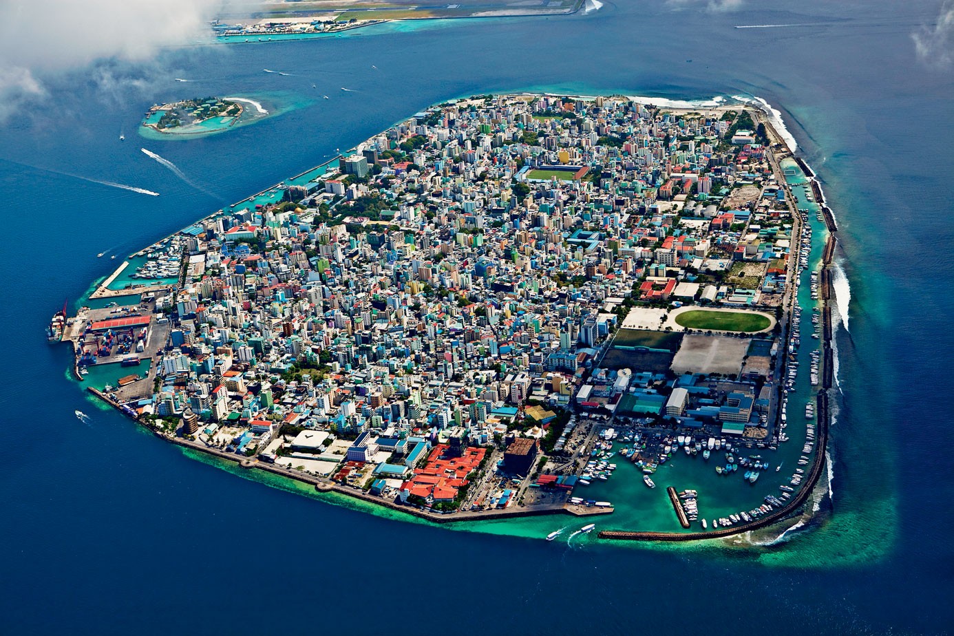 architecture, Urban, City, Town, Maldives, Island, Aerial view, Sea, Ship, Boat, Rooftops, Clouds, House, Bay, Harbor, Stadium Wallpaper