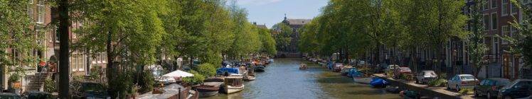 Amsterdam, Netherlands, Dutch, Boat, Canal, Water, Trees, Summer, Nature, City, Europe, Panorama HD Wallpaper Desktop Background