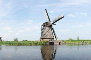 Netherlands, Dutch, Windmill, Grass, Water, Canal, Sky, Kinderdijk, Panorama, Europe