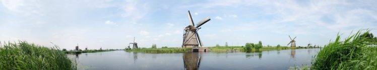 Netherlands, Dutch, Windmill, Grass, Water, Canal, Sky, Kinderdijk, Panorama, Europe HD Wallpaper Desktop Background