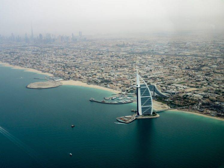 cityscape, Sea, Helicopter view, Shore, Building, City, Burj Al Arab, Dubai HD Wallpaper Desktop Background