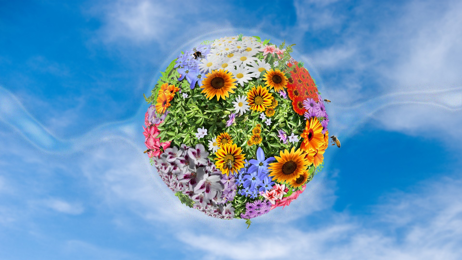 photo manipulation, Nature, Flowers, Leaves, Sunflowers, Bees, Sphere, Sky, Clouds, Colorful Wallpaper