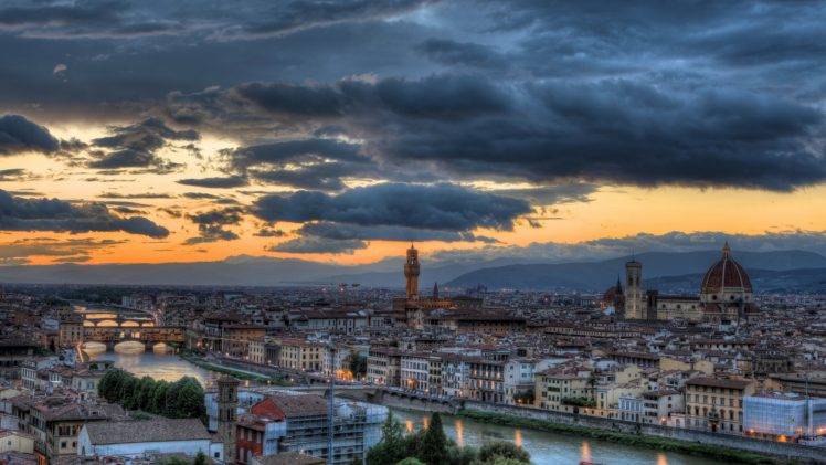 Florence, Italy, City, Cityscape, Architecture, Florence Cathedral, Gothic architecture, River, Sunset, Clouds HD Wallpaper Desktop Background