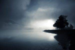 mist, Lake, Trees, Mountains, Clouds, Reflections, Water