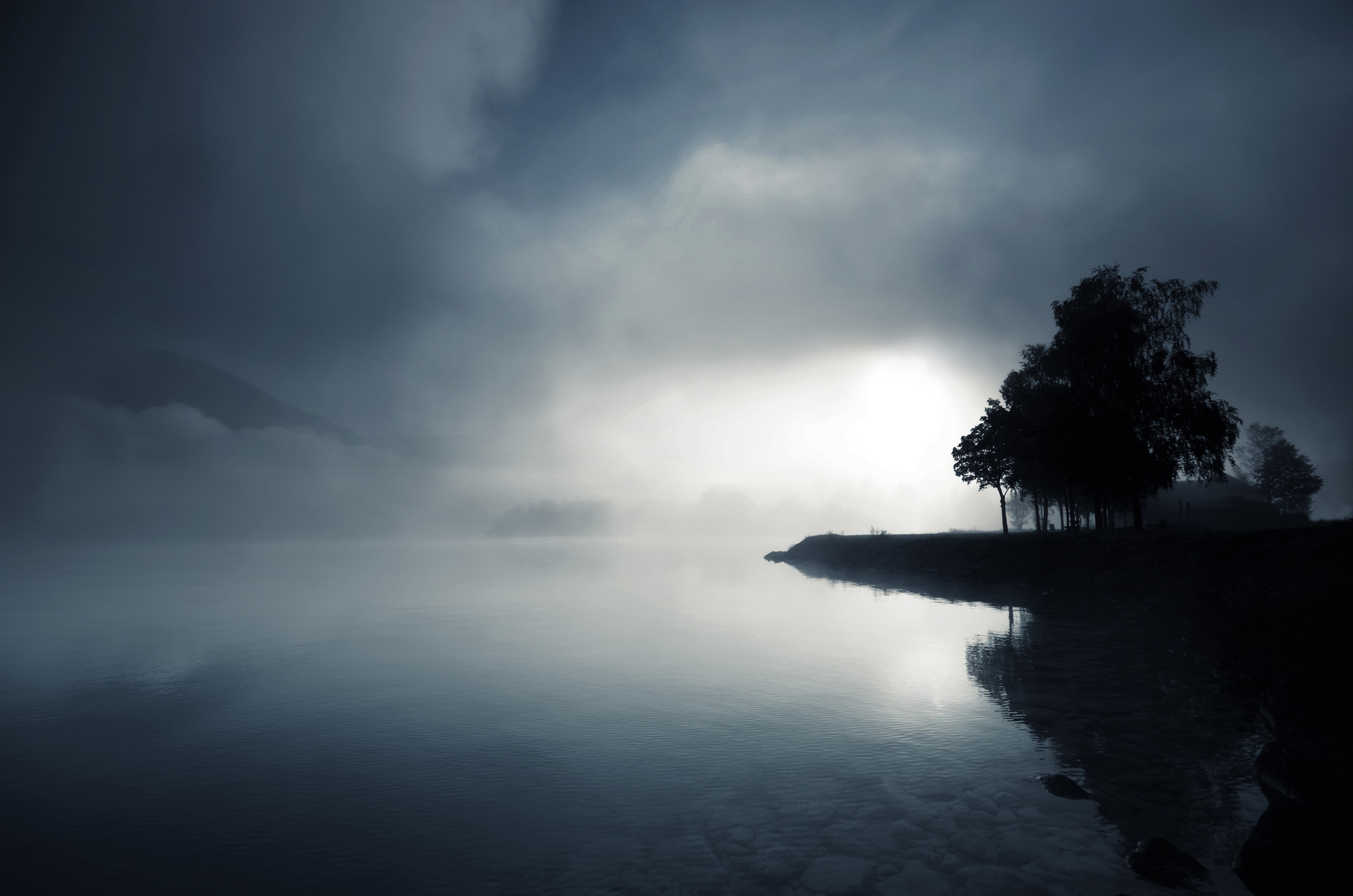 mist, Lake, Trees, Mountains, Clouds, Reflections, Water Wallpaper