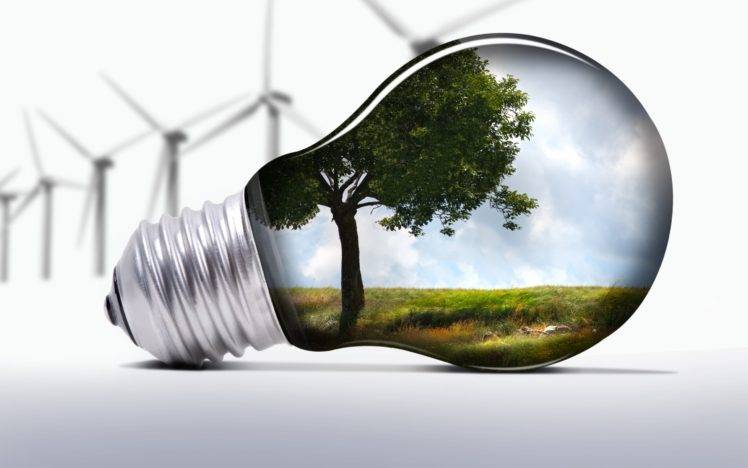 light bulb, Trees, Grass, Clouds, Science fiction, Wind turbine HD Wallpaper Desktop Background