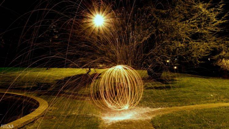 light painting, Lights, Night, Sphere, Sparks, Nature, Grass HD Wallpaper Desktop Background