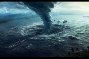 sea, Tornado, Ship, Palm trees