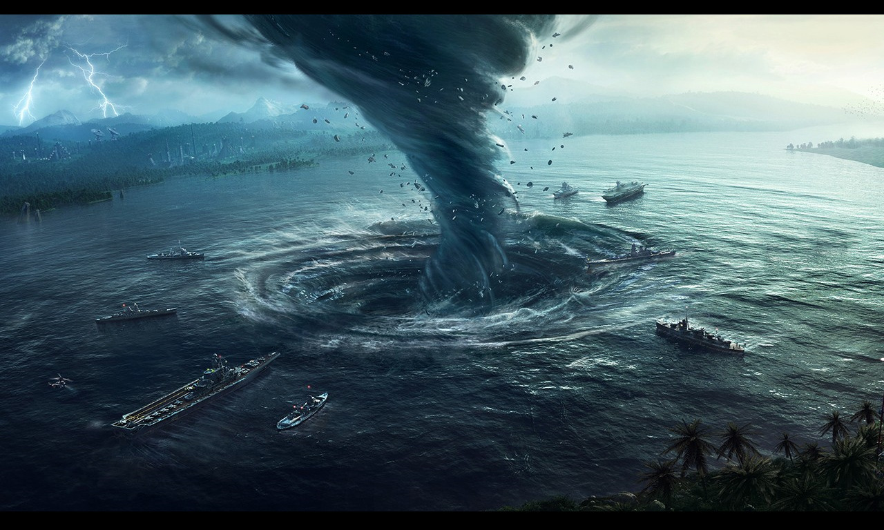 sea, Tornado, Ship, Palm trees Wallpaper