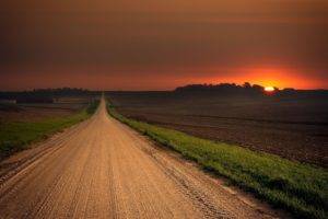 road, Sunset, Field, House, Alone, Trees