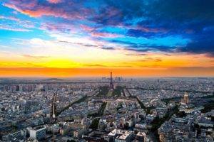 Paris, France, City, Cityscape, Sunset, Eiffel Tower, Clouds