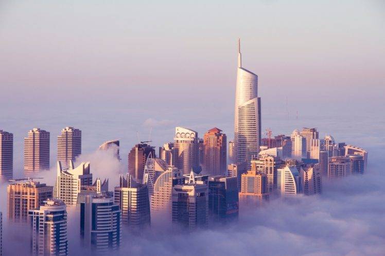 Dubai, United Arab Emirates, Skyscraper, Building, Sky, Clouds, Mist HD Wallpaper Desktop Background