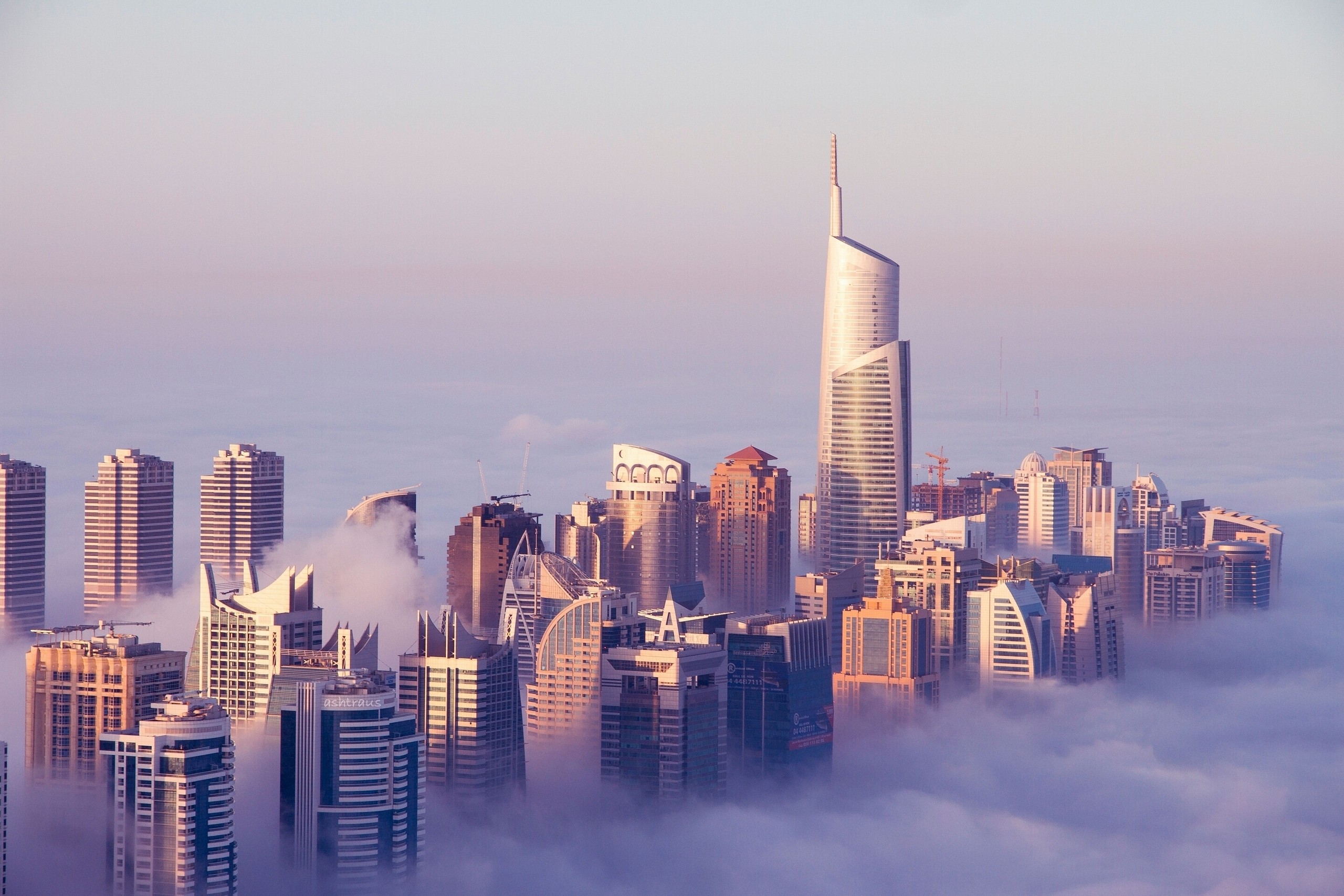 Dubai, United Arab Emirates, Skyscraper, Building, Sky, Clouds, Mist Wallpaper