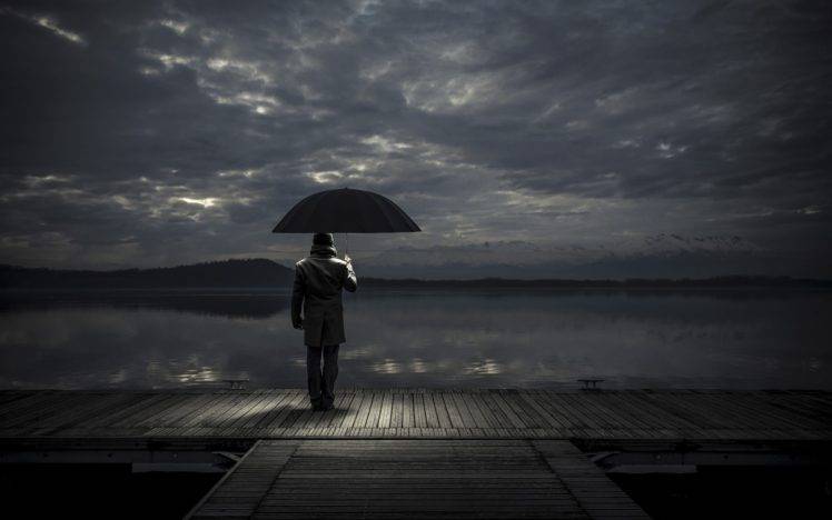 alone, Clouds, Lake, Umbrella, Sky, Lights HD Wallpaper Desktop Background