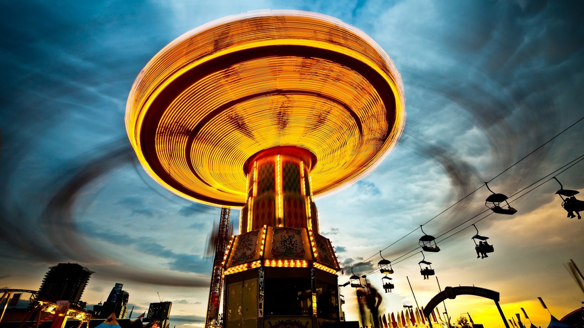 French, Sky, Clouds, Lights, Sunset, Motion blur, Long exposure, Theme parks Wallpaper