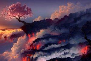 trees, Clouds, Lava