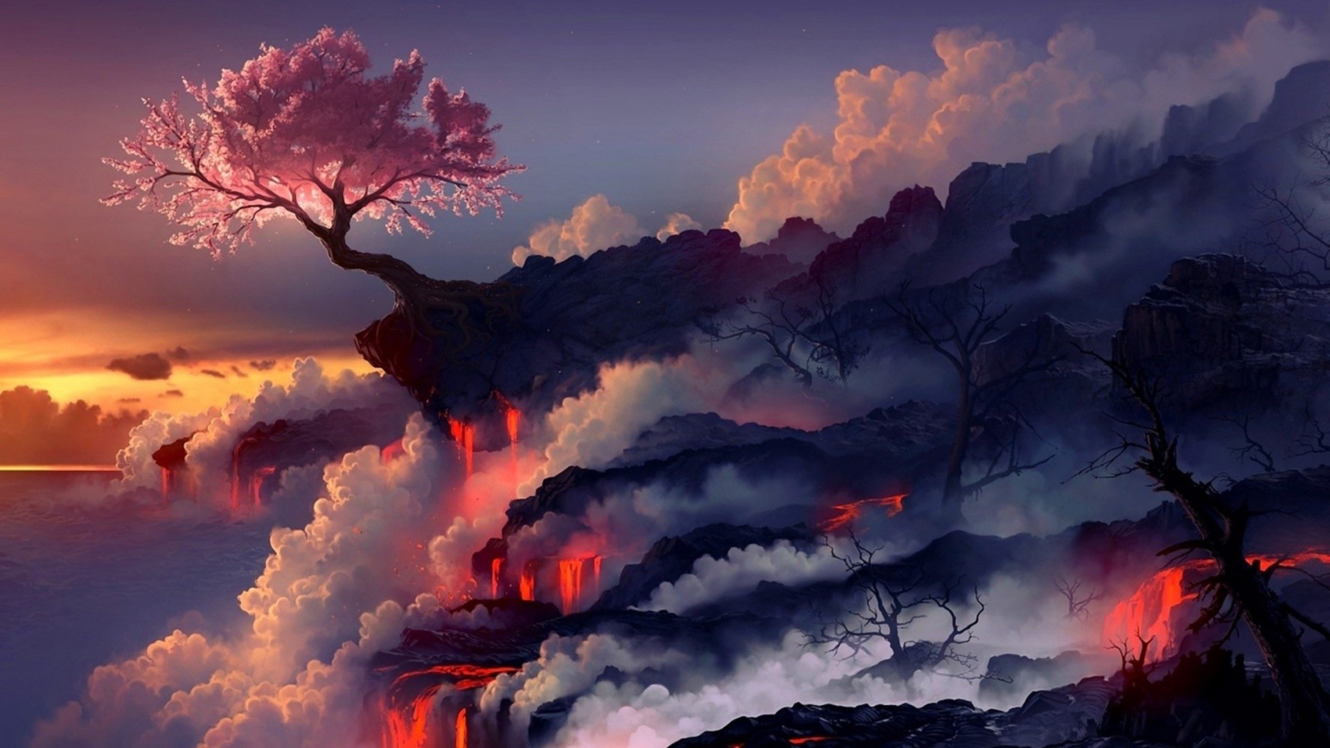 trees, Clouds, Lava Wallpaper