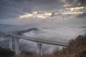 bridge, Clouds, Mist, Hills