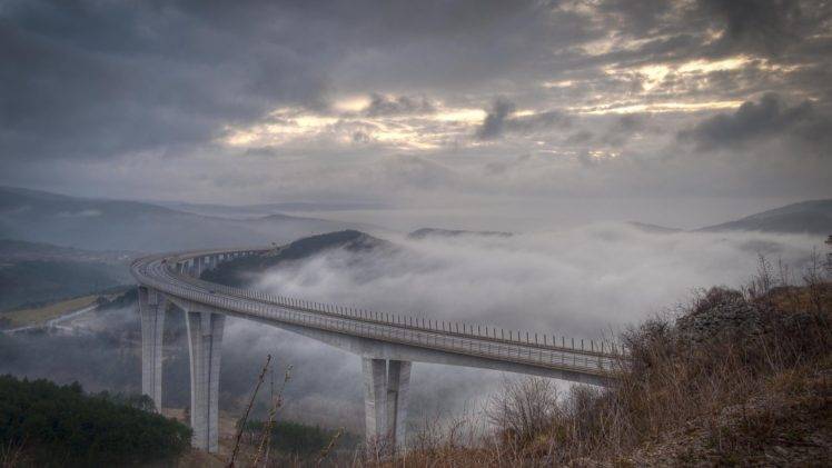 bridge, Clouds, Mist, Hills HD Wallpaper Desktop Background