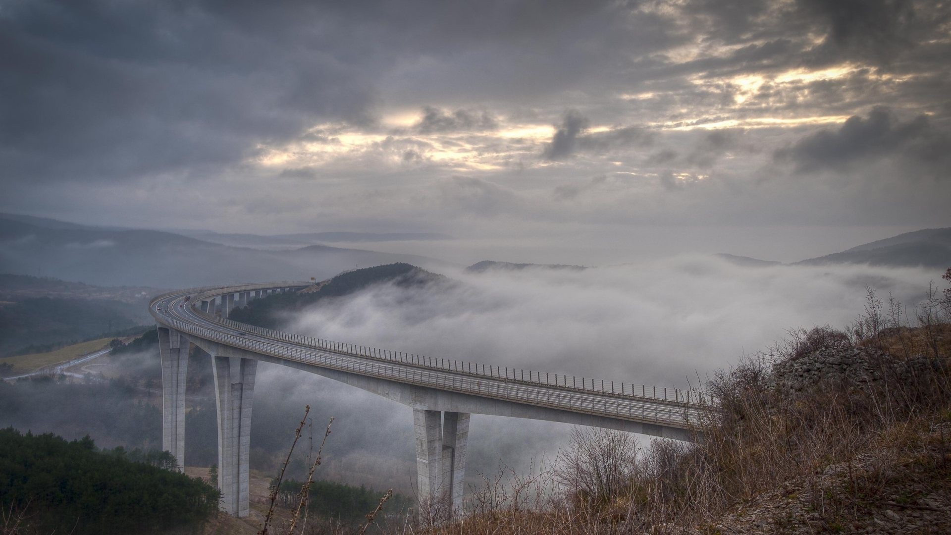 bridge, Clouds, Mist, Hills Wallpaper