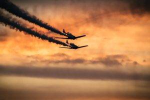 airplane, Smoke, Clouds, Sky, Sunset