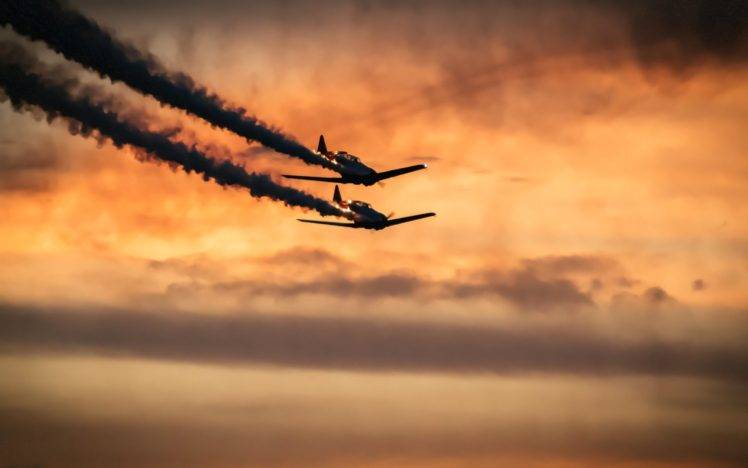 airplane, Smoke, Clouds, Sky, Sunset HD Wallpaper Desktop Background