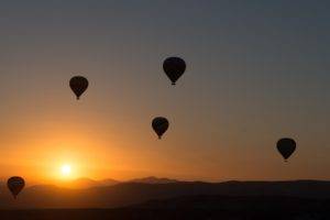 hot air balloons, Sunset, Mountains, Sky, Sun
