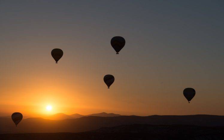 hot air balloons, Sunset, Mountains, Sky, Sun HD Wallpaper Desktop Background