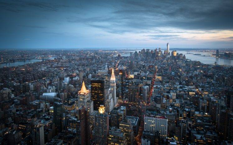 architecture, City, Cityscape, Manhattan, Empire State Building, Sky, Clouds, River, New York City HD Wallpaper Desktop Background