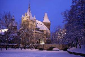 architecture, Budapest, Hungary, Old building, Capital, Cityscape, City, Castle, Tower, Winter, Snow, Trees, Bridge, Evening, Calm, Lights, Branch