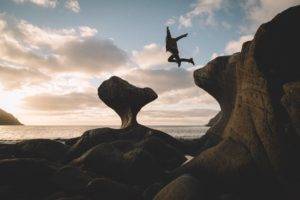 Johannes Hulsch, Jumping, Norway, Sky, Rocks, Mountains