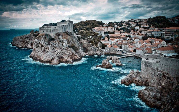 nature, Sea, HDR, Building, Clouds, Waves, Cliff, Dubrovnik, Croatia HD Wallpaper Desktop Background