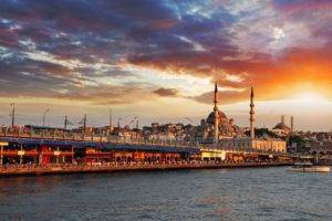 Istanbul, Turkey, City, Sea, Bridge, Galata bridge, Mosque, Clouds, Sunset, Architecture, Islamic architecture, Yeni Camii