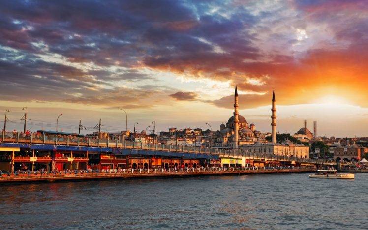 Istanbul, Turkey, City, Sea, Bridge, Galata bridge, Mosque, Clouds, Sunset, Architecture, Islamic architecture, Yeni Camii HD Wallpaper Desktop Background