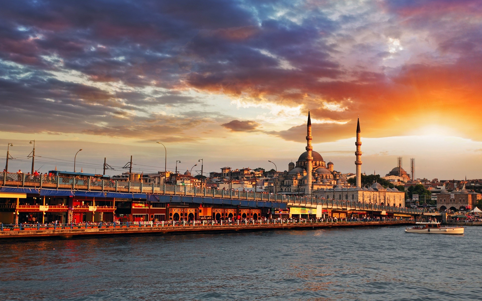Istanbul, Turkey, City, Sea, Bridge, Galata bridge, Mosque, Clouds, Sunset, Architecture, Islamic architecture, Yeni Camii Wallpaper
