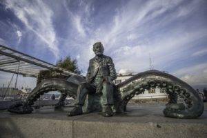 Jules Verne, Writers, Fantasy art, Sculpture, Octopus, Statue, Artwork, Spain, Vigo, Boat, Clouds