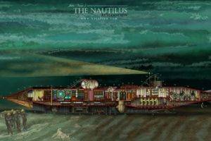 Jules Verne, Nautilus, Divers, Fantasy art, Submarine, Underwater, Sea, Technology, Lights, Fish