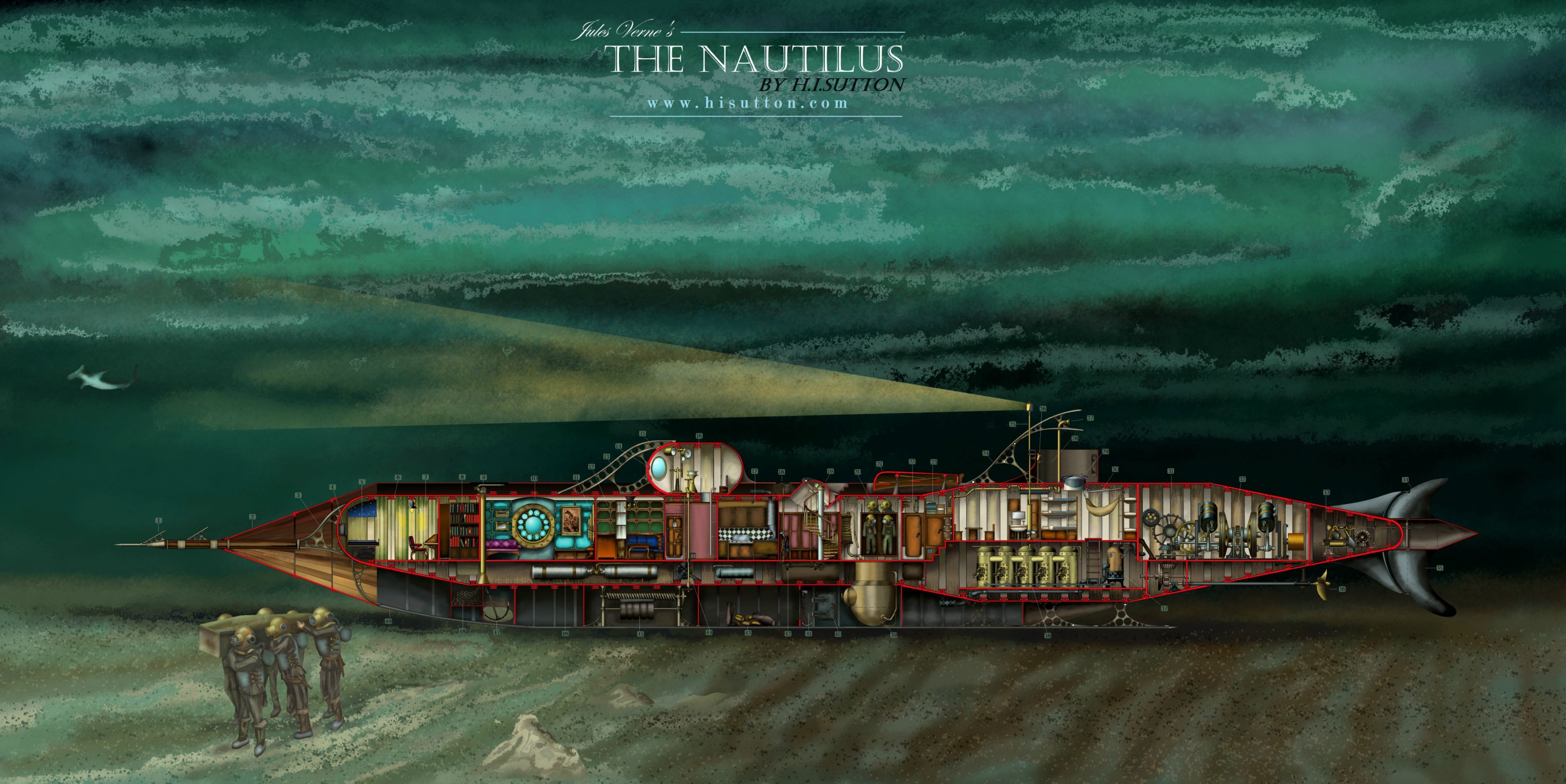 Jules Verne, Nautilus, Divers, Fantasy art, Submarine, Underwater, Sea, Technology, Lights, Fish Wallpaper