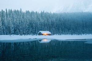 winter, Snow, Ice, Lake, House, Trees, Cabin