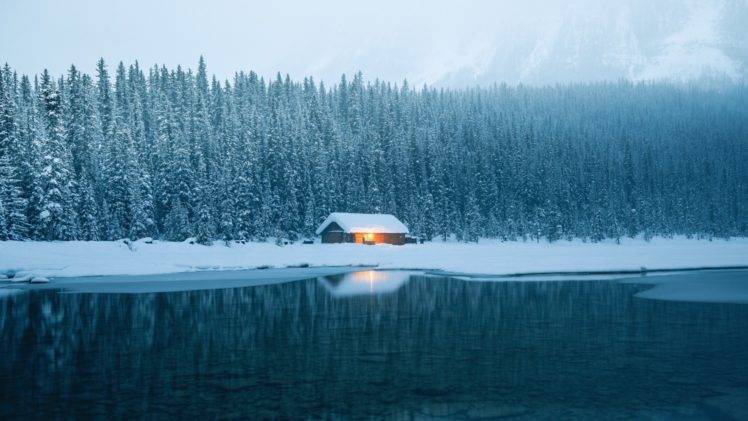 winter, Snow, Ice, Lake, House, Trees, Cabin HD Wallpaper Desktop Background