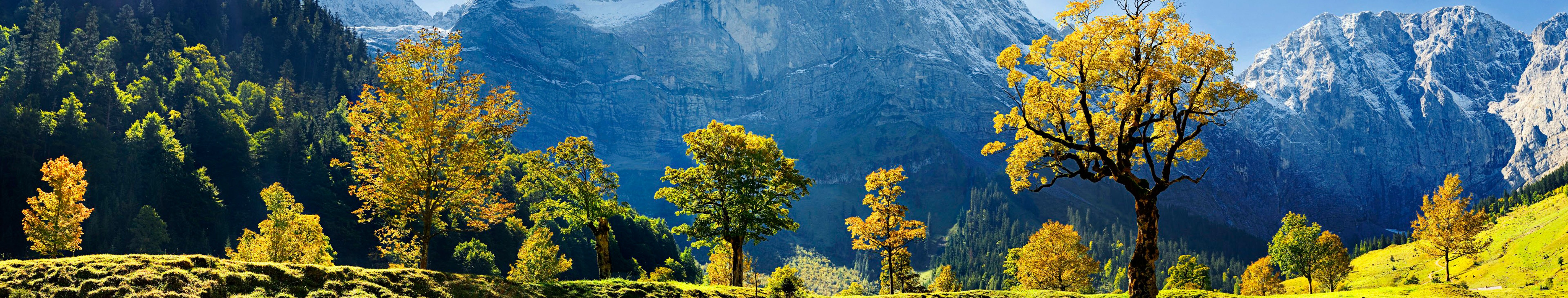Europe, Austria, Panorama, Green, Mountains, Trees, Ice, Snow, Grass, Hills Wallpaper