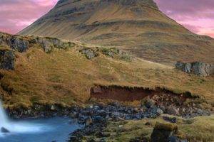 Iceland, Europe, Panorama, Waterfall, Hills, Mountains, Grass, Water, Rocks, Sky