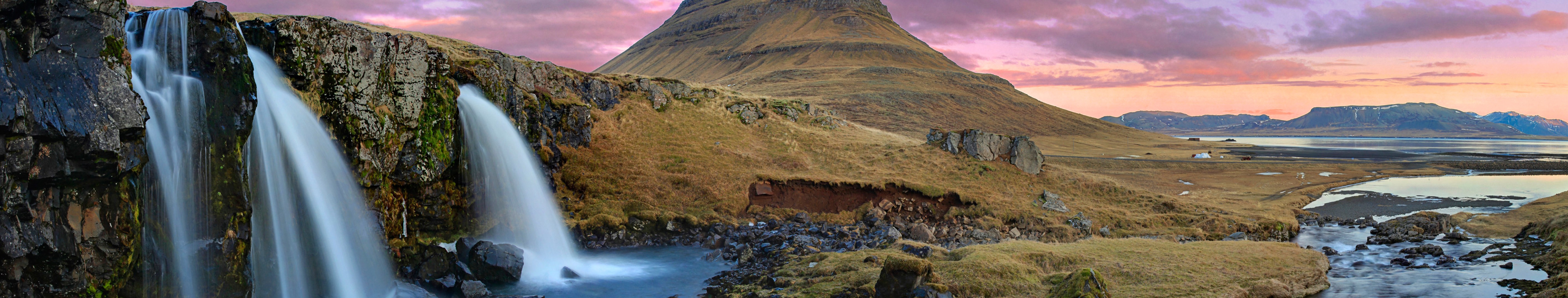 Iceland, Europe, Panorama, Waterfall, Hills, Mountains, Grass, Water, Rocks, Sky Wallpaper