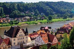 Germany, Europe, River, Town, Hills, Mountains, Water, Grass, Trees, Green, Sky, Panorama