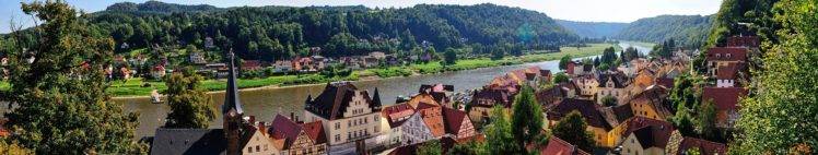 Germany, Europe, River, Town, Hills, Mountains, Water, Grass, Trees, Green, Sky, Panorama HD Wallpaper Desktop Background