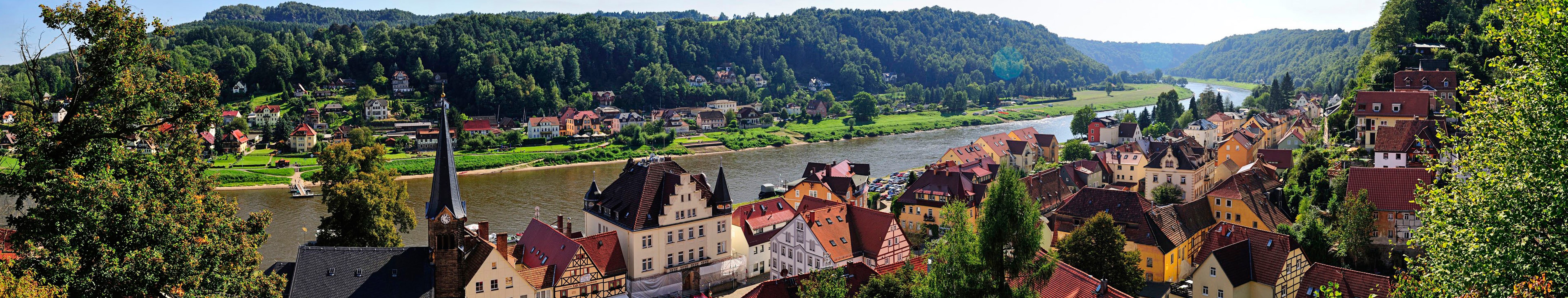Germany, Europe, River, Town, Hills, Mountains, Water, Grass, Trees, Green, Sky, Panorama Wallpaper