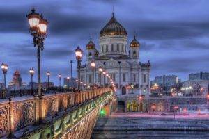 architecture, Building, Old building, Clouds, Russia, Long exposure, Evening, Lights, Church, Cathedral, Street light, HDR, Bridge, Moscow, City, Street, River