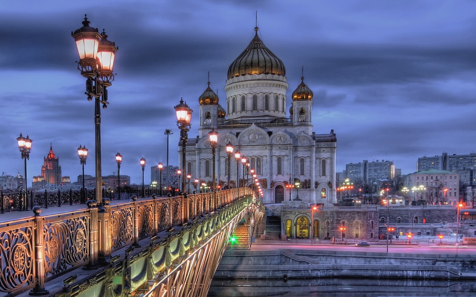 architecture, Building, Old building, Clouds, Russia, Long exposure, Evening, Lights, Church, Cathedral, Street light, HDR, Bridge, Moscow, City, Street, River Wallpaper