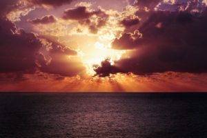 sunset, Sun rays, Sun, Sea, Clouds, Horizon