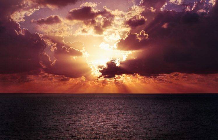sunset, Sun rays, Sun, Sea, Clouds, Horizon HD Wallpaper Desktop Background